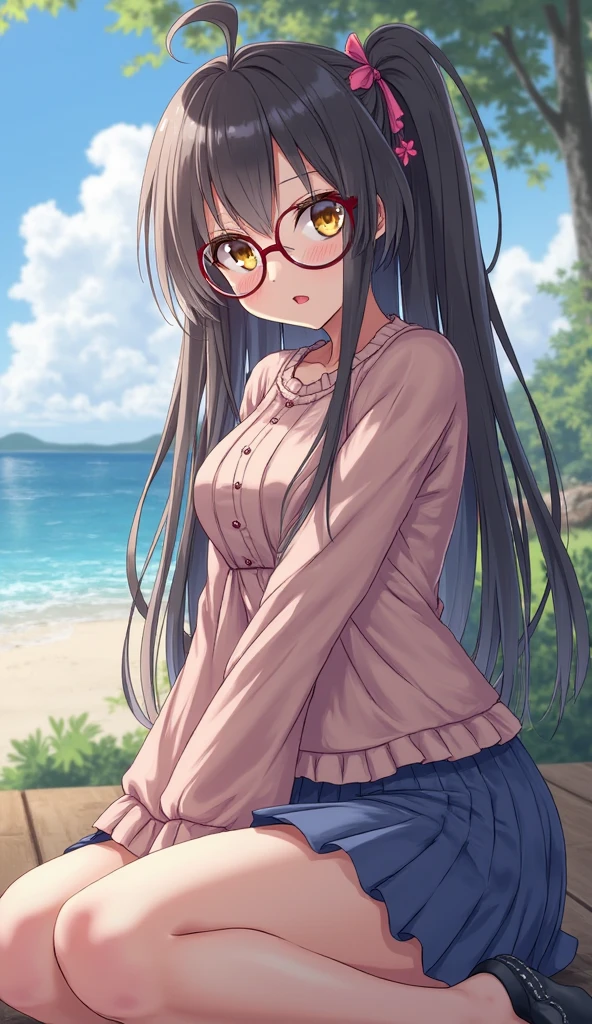 ultra-detailliert, Best Quality, High resolution, ((Two cute little girls with dark hair))、Pretty eyes、Detailed eye depiction、Looking at Viewer, pale skin、((Petite)), (swim wears)、(I'm not wearing panties)、(flat chest), (Glasses), (blush:1.2), (big eye:1.5), An embarrassed smile, NSFW, the beach, Focus on the face, Long hair, all-fours