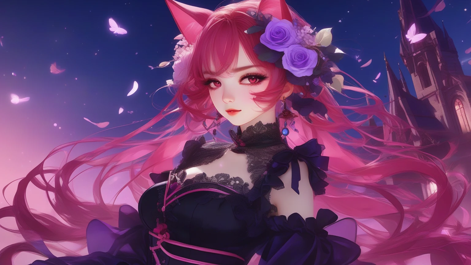 (Best Quality, 8K, Masterpiece, HDR, Soft Lighting, Picture Perfect, Realistic, Vivid), Cat Girl (1.0), Cat Girl with Red Hair and brown eyes and Sexy Revealing Clothes, Pink Bodysuit with Glitter Texture, Beautiful Anime Fantasy, Very beautiful and cute cat girl, large pink butterflies fly around, background blur, anime fantasy, work in Gouves style, realistic: 1.37, top view, red cat girl lies in blue flowers, large pink butterflies fly around, horizontal view, (Ultra High Quality Fantasy Art), Masterpiece, Female Model, Ultra High Quality Female Character Designs, Detailed 8k Anime Art, Realistic Anime Art, Highest Quality Wallpapers, Intricate Ultra High Quality Accurate Female Character Faces, High Quality Designs and Accurate Physics (Fantasy - Ultra High Quality) quality) quality)) art), dark fantasy style), masterpieces, super high-quality characters, anime resolution - 8K, realistic anime art, wallpaper with the highest quality illustrations, ultra-high detail of faces, high-quality design and accurate physics), color, depth of field, shadows, ray tracing, high quality workmanship. -high quality and 8K resolution, (Accurate simulation of the interaction of light and materials)], [High-quality hair detail [More about beautiful and shiny red hair]], (Beautifully detailed hands [perfect fingers [Perfect nails]]], (perfect anatomy (perfect proportions)))) [[Full-length]], [Perfect combination of colors (Accurate imitation of the interaction of light and material)], [art that conveys the meaning of the story](modified)