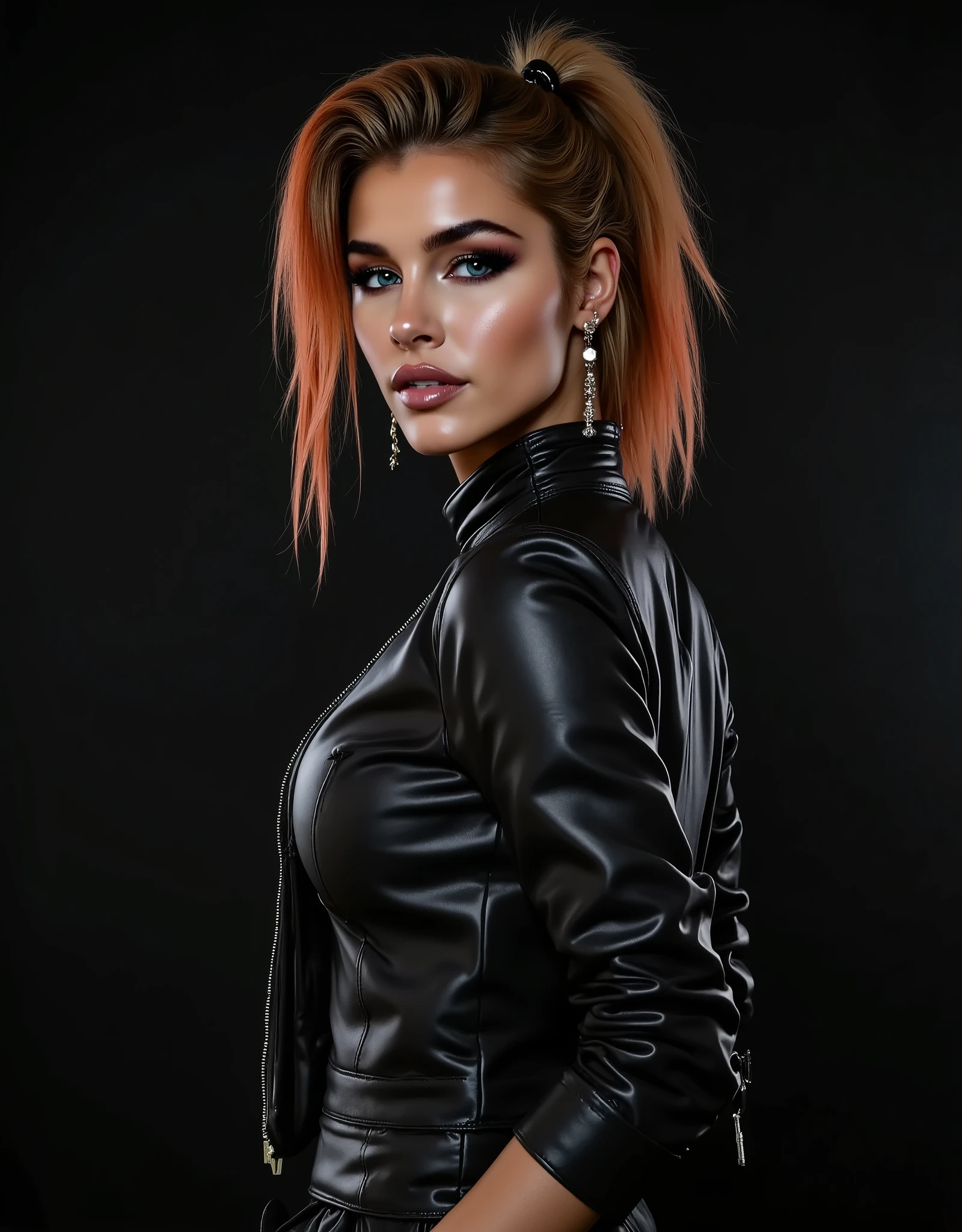 Gorgeous steampunk woman (Jean Watts) with very short straight hair in a high ponytail, wet hair, hair slicked back, combed straight back, slick hair, black to orange gradient hair, wearing a leather jacket with nothing underneath and mini skirt, perfect eyes, solid dark black background