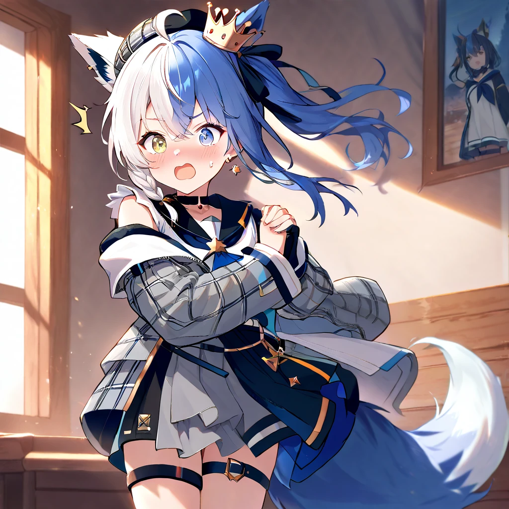 （tmasterpiece），（In the style of Monster Hunter）sportrait，femele ，long  white hair，High ponytail，blue color eyes，cloaks，holding a long spear，belo sorriso，simple backgound