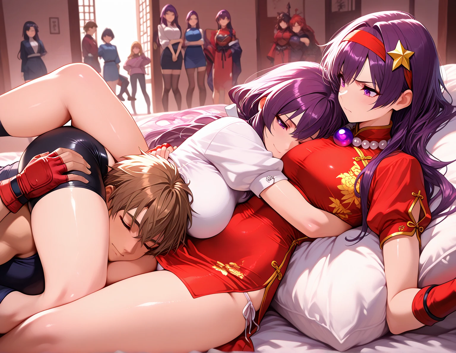score_9, score_8_up, score_7_up, source_anime, takeda hiromitsu style, ((1girl, short stature)and(2shota boys, short stature)),hetero, (1girl, tall stature),(curvy:1.4), (rolling eyes:1.4), (long hair,half updo),straight hair,brown hair, brown eyes, large breasts, pale skin,shiny skin, (trembling), erectile nipples, ((She wears Qipao(cheongsam),black pantyhose), cum in pussy,(cum on clothes:1.4), cum on breasts,cum on body,cum facial, bukkake, cum in mouth,cum on hair,(excessive cum), (2shota boys, short stature:1.4),((smug)),small penis, dark-skinned shota boys,interracial, clothed sex, intercourse with a shota boys, ((lying,on back)),((((head back,look up reverse_fellatio,irrumatio from head,throat_bulge)))), ((((rape,veiny penis,vaginal penis,missionary sex,fellatio,deepthroat,motion lines,^^^,exccesive cum)))),open mouth,penis in mouth,irrumatio,swallowing penis,open clothes,heavy breathing,frustrated_brow,looking ahead,sweat,torn clothes,nipples,pussy juice,(((from side))), (wrestling ring),
