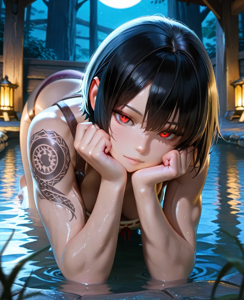 NSFW, 4k, masterpiece, high detail, best quality, super detail, very detailed, detailed light, best shadow, ((Anime)), blush, drooling,  closed mouth, sad, sadness, nervous, ((1girl, solo, asashio_kantaicollection, long hair, black hair)), ((restrained)), looking at viewer, (tied, shibari, tied up with rope:1.5), thighs, (arms behind back, spread legs:1.5), (in stocks pose), crucifixion, above sea level, open sea, splash, splashing, wave, night, full moon