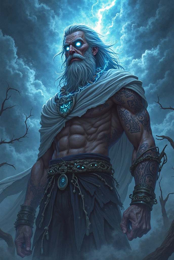 Create a human RPG wizard who has glowing tattoos all over his body