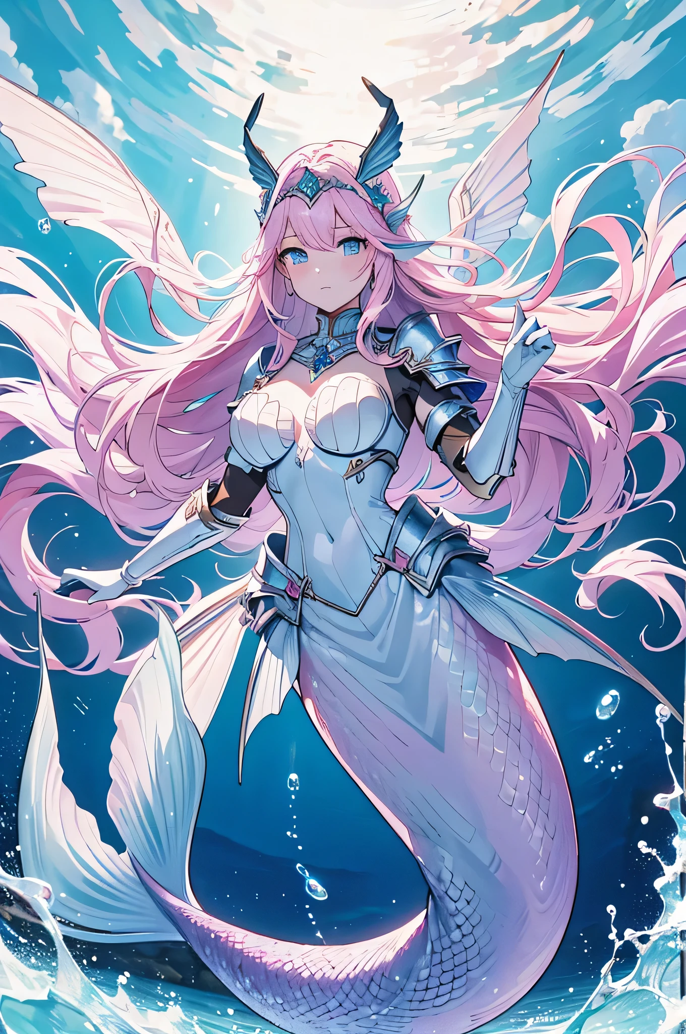 4K,High resolution,One Woman,Mermaid,White purple hair,long hair,Blue Eyes,Big Breasts,Green scales,The Little Mermaid,Princess Knight,White knight armor,Full Armor,Jewelry decoration,Pearl decoration,Long sword,In the sea,In the water,underwater temple