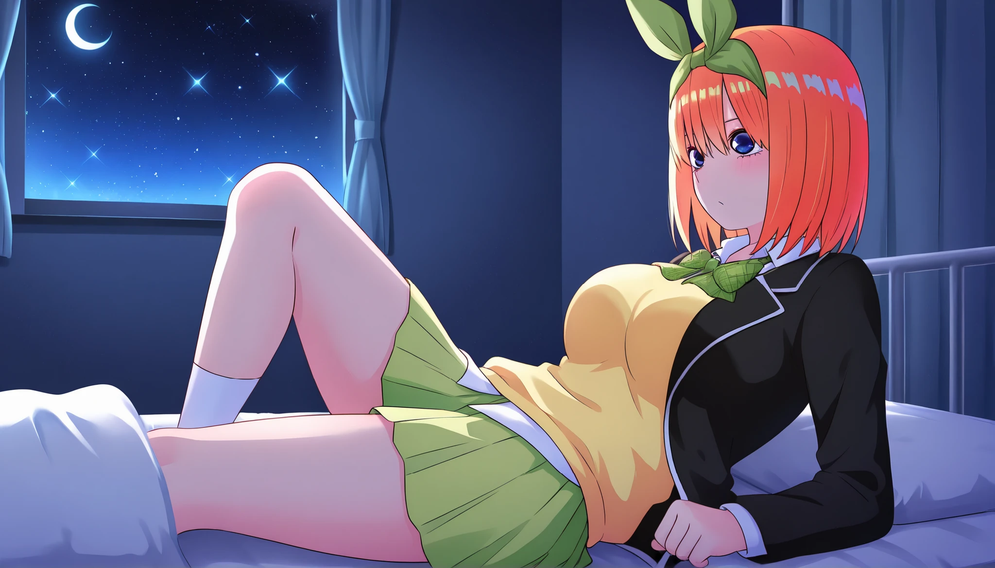 1girl,unwellness sickness nakano yotsuba, large breasts, orange hair, blue eyes, short hair, hair between eyes green bow hairband, black blazer, open blazer, yellow sweater vest, white collared shirt, bowtie, plaid bowtie, green skirt, pleated skirt,knee up,Infirmary,bed,screen,lie down on a futon,crescent moon, star (sky), dark room, night sky,