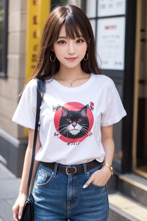 1 girl, T-shirt, alone, earrings, jewelry, short hair, upper_body, Wacky angles、