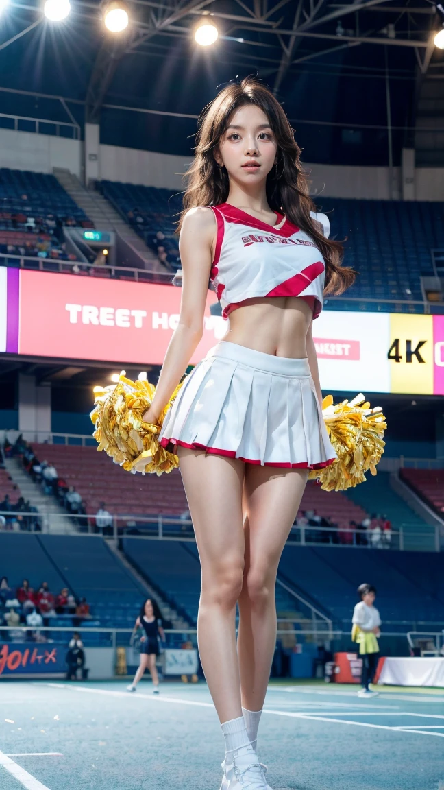 cheerleader dancing、Red uniform、Highly detailed CG Unity 8k wallpaper, of the highest quality, Ultra-detailed, masutepiece, Realistic, Ultra-realistic skin tones,The beauty of style,,, extremely detailed cute girl, 25 years old, (cheer girl:1.3), (Skirt:1.homme pom pom:1.1) , blush, Parted lips, Round eyes, large full breasts,, Full body, (pantie shot) , Stadium, (Large crowds)Jumping