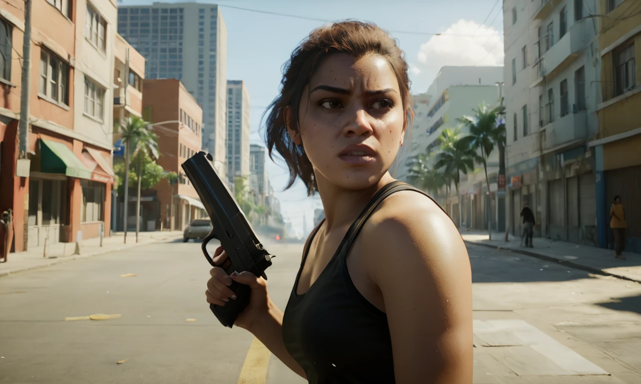 Create a photorealistic masterpiece titled 'LuciaGTA62024'. It features an angry Latina woman wearing an orange jumpsuit in a prison exercise yard. She's in a fighting stance, fists clenched and covered in blood, embodying raw intensity. The artwork should showcase her detailed skin with visible pores and emphasize dramatic lighting to enhance the scene's mood. Ensure she's looking directly at the viewer, with vibrant colors and a long ponytail adding movement. The depiction should include her distinctive mole and accurately portray a prison uniform with realistic textures. The image should be in 8K UHD resolution, aiming for the best quality suitable for trending on ArtStation.