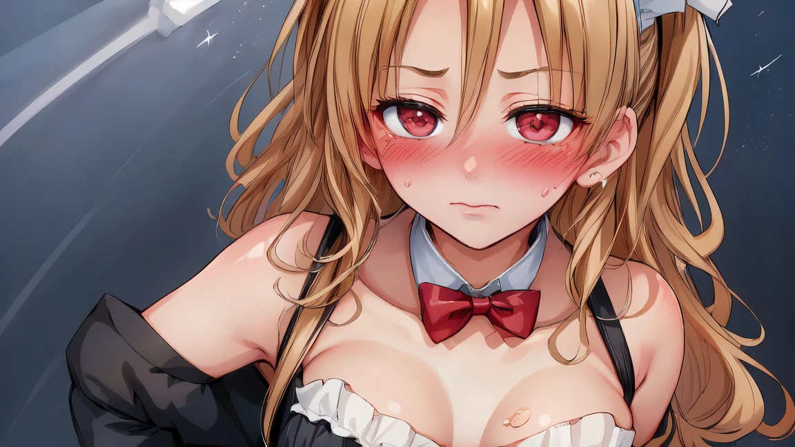 yandere,girl with hands on own cheeks and face,serious expression,Springfield, glowing eyes, nude, green eyes, blue ribbon on hair, empty eyes, bouncy tits