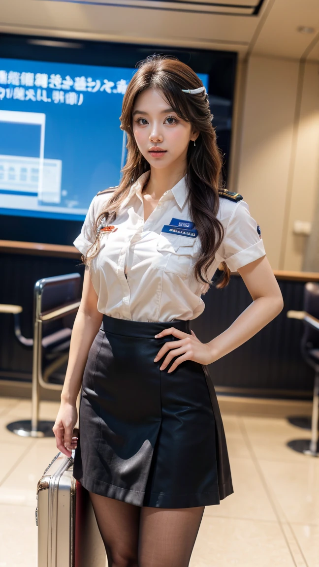 Best quality, masterpiece, (photorealistic:1.4), meticulous detail, high res, 8k raw photo, a beautiful woman wearing ivory colored stewardess uniform at the airport, very long legs, big hips, smiling, low angle shot