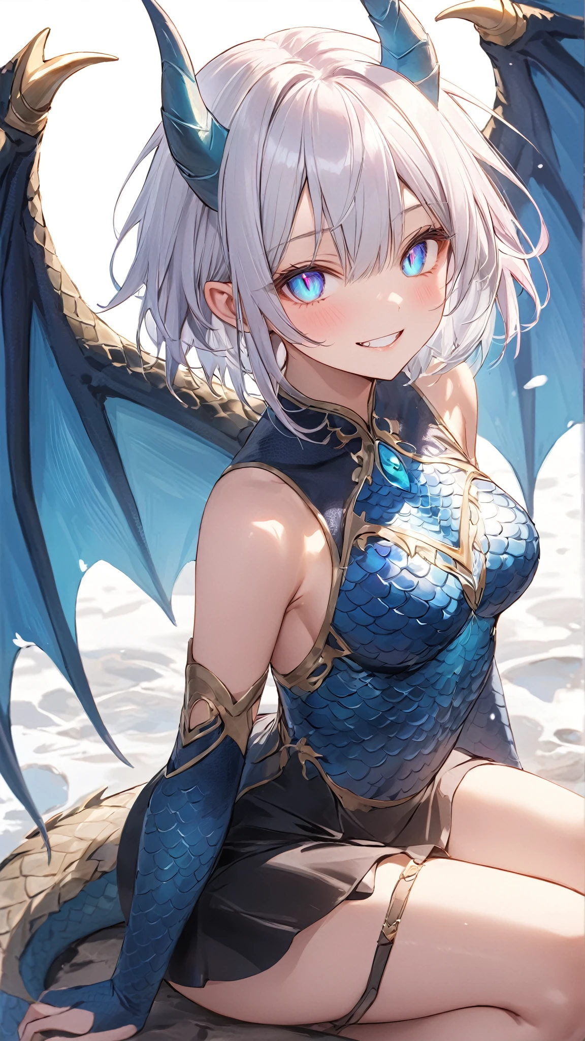 4K, high resolution, Best quality, Masterpiece, perfect colors, perfectly shaded, Perfect lighting, anthro, Furry art,  majestic dragon, scutes，Bicolor scales，Silvery hair，A scaly body, blue color eyes, Perfect female body, Perfect female figure, Wear women's crop top and shorts, Dragon's horns, Abs, musculature, Detailed scales, Detailed face, Perfect face, (The stands up), Detailed background, ((Bonifasko lighting)), coda, (Detailed eyes), perfect pupils,