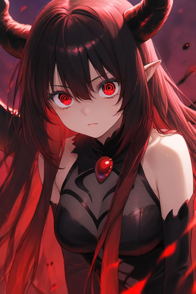 An adult woman, half wolf, black and red ears, ears down, red eyes, black and red hair, white dress, very shy, lying down