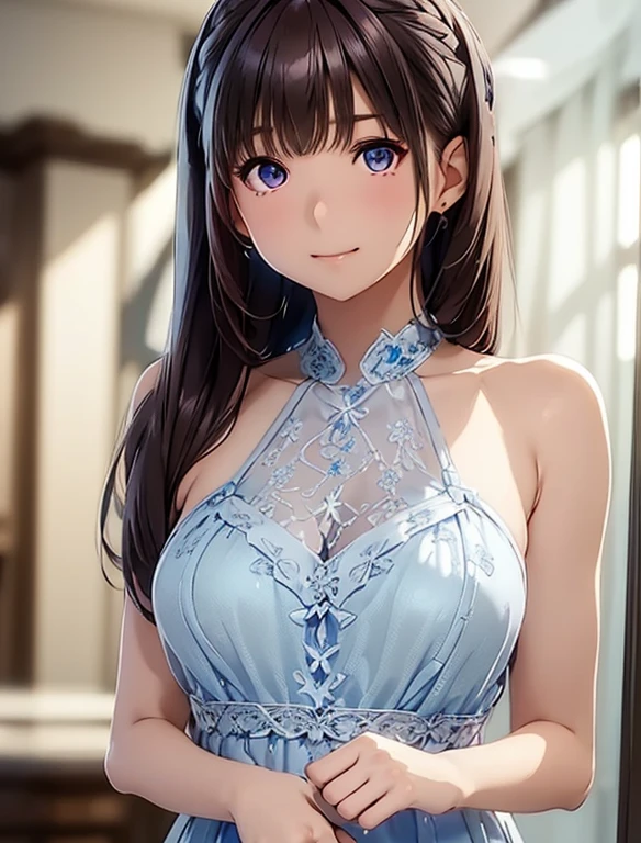 (masterpiece:1.3), high resolution, ultra detailed, extremely detailed CG unity 8k wallpaper, realistic, photo-realistic, RAW photo, beautiful detailed face, pale skin, realistic glistening skin, detailed cloth texture, detailed hair texture, Perfect body, Beautiful Face, accurate, Anatomically correct, Highly detailed face and skin texture, natural neck length, (beautiful hands), (fair skin:1.2), Thin legs, Thin feet, Sexy thighs, small face, 
BREAK 
Detailed eyes, symmetric eyes, Light Brown eyes, Double eyelids, Thin eyebrows, Moist eyes, (Glossy lips:1.4), (looking with a gaze:1.2, smile), (open mouth a little), (blush:1.1), The perfect style of 7 heads, 
BREAK 
((1 girl:1.3, 23yo:1.3)), ((wearing a Idol costume based on princess dress(Shiny blue dress, ruffle dress, (Silver-studs-adorned a little), princess dresses like, halter neck, vibrant, chic, flowing, enchanting, adorned, ruffle, charming, feminine, coordinating, accessorized, cute, playful, frilly, long dresses, captivating, alluring, stylish, bedazzled, dancing, embellished, charming, intricate, glamorous, ruffle, radiant, stunning, coordinated, shiny blue dress, adorable, pastel-colored, long dresses):1.3)), 
((large breasts:1.5)), (firm breast, slender figure:1.1), 
((Layered Hairstyle, volume hair):1.2), ((Dark brown hair, wavy hair, medium long hair):1.2), 
BREAK 
((Standing leaning forward with ask for a handshake:1.2)), 
((in the Japan's Idol's Handshake meeting at indoor music live venue:1.2)), 
BREAK 
((Upper body shot:1.2)), (From front:1.3), 