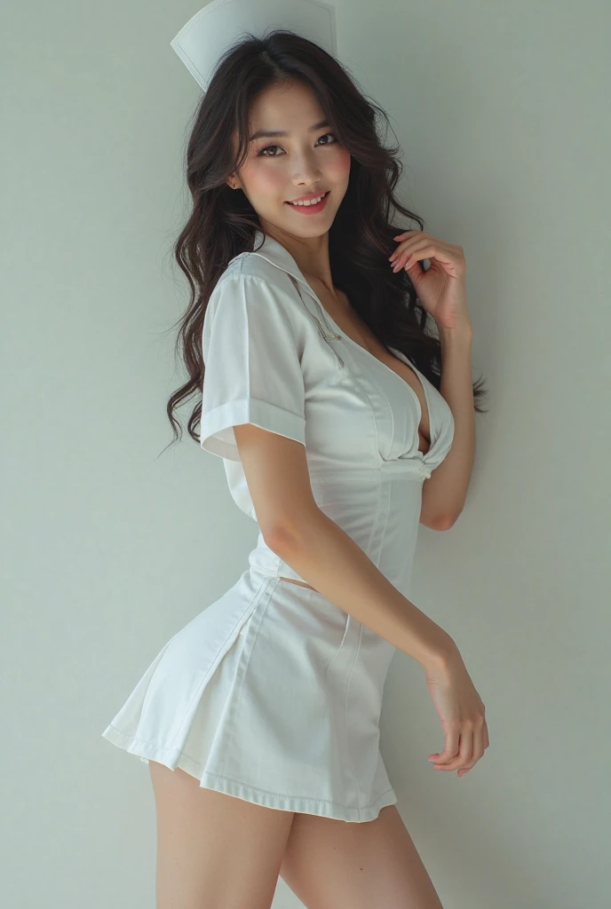 table top, highest quality, High resolution, , perfect pixel, 4K, , 1 girl, single, alone, Beautiful woman、I could see the whole body、Middle wavy hair, bangs, brown hair), brown eyes, beautiful eyelashes, realistic eyes, detailed face, blush:1.2, smooth texture:0.75, realistic texture:0.65, realistic:1.1, Anime CG style)), big breasts、soft chest、dynamic angle, perfect body, ((maid's costume、maid headband、Ruffled apron、no skirt、stockings、wearing an apron without a bra))、kitchen、、、()、Very embarrassing panic smile、((look back、stick out your butt、、))、
