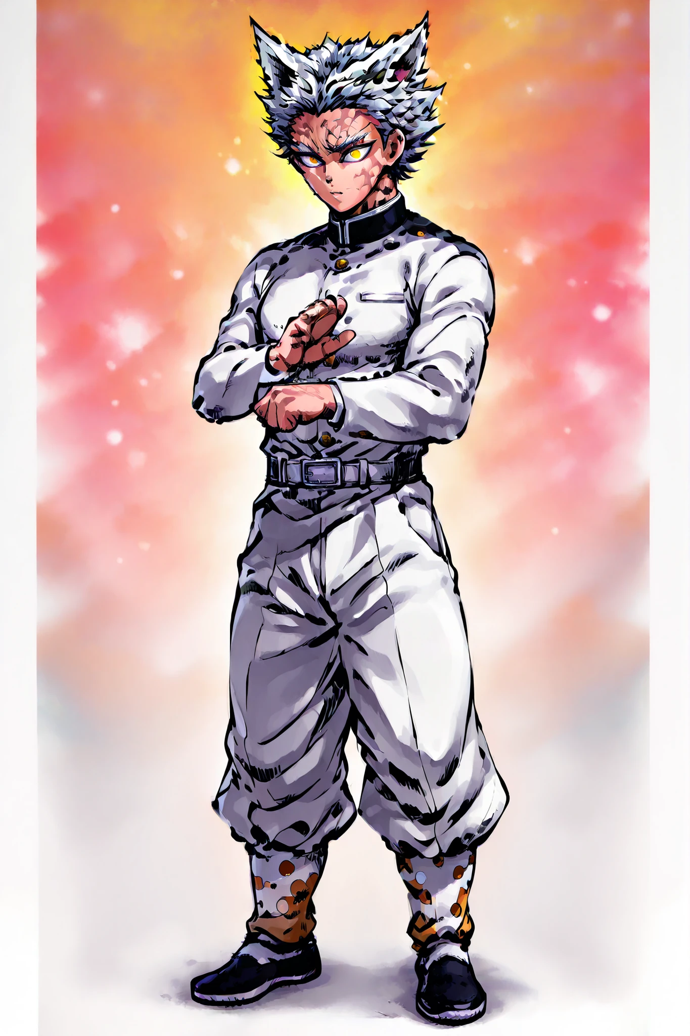colorful back background with silver hair and yellow eyes based on a Demon Slayer illustration, gay, One Punch Man[garou], Full body illustration. Garou. White uniform pants. black neck polar tee. clearly shows the shape of the body. 5 fingers