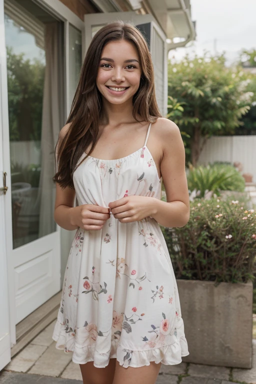 photorealistic, best quality, hyper detailed, natural amateur photo, 8k, action shot, full body shot, beautiful slim 20 year old young woman, natural makeup, natural brown wavy loose curls hair, wearing a pink summer dress, collar, fully dressed, dressed, fully clothed, very cute, elegant and sexy looking, fully dressed, breasts under clothing, big beautiful smile, facing camera, golden hour, (focused), perky breasts under clothing, skin texture , ultra high res, best shadow, RAW, instagram LUT