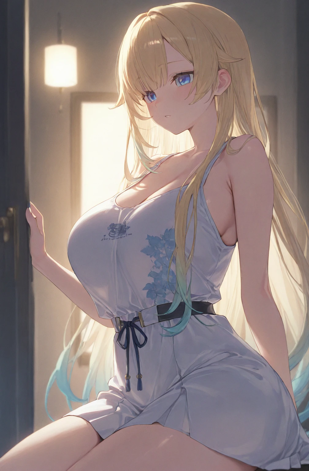 最high quality、best image quality、masterpiece、with a girl((18-year-old、 Completely ?????、NSFW、vest bust、bust 85、blonde、semi-long、blue eyes、open your chest wide、Slender、lying on one's back、facing the viewer on the bed、peace sign))high quality、Camera Film Style、With background((A room with beautiful sunlight))、table top、cool style、elaborate design、visual art