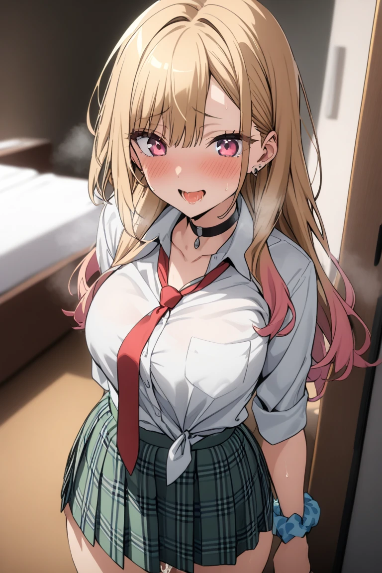 Beautiful sexy 1girl, blonde hair, (straight hair), bangs on one side, head tilt, (waist), light brown cardigan, plaid skirt, red bowtie, arms behind back, looking at viewer, happy smile, entrance, outdoor, from above, 20 yo, (depth of field), masterpiece, best quality, wearing bikini, cleavalage:1.1, (illustlation)