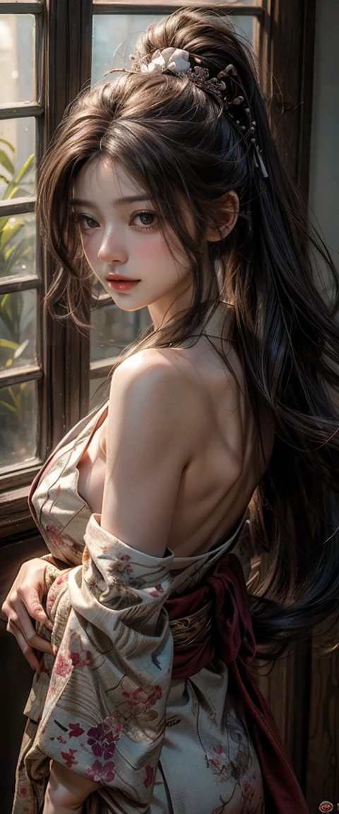 Create a photorealistic image of a formidable oni, a creature from Japanese folklore, with a single, prominent horn on the left side of her forehead, symbolizing her supernatural origin. She has long, flowing black hair and piercing eyes filled with a mix of fierceness and wisdom. Her attire consists of an elegant pink kimono with intricate floral patterns, cinched at the waist by a radiant golden obi. A notable scar traces her collarbone, suggesting a history of battle. Between her lips, she gently holds a bamboo tube, indicative of her participation in an ancient ritual. The setting sun casts a warm, golden glow in the background, creating a mystical atmosphere that underscores her mythical presence.
