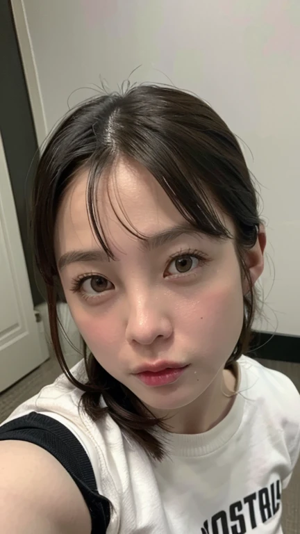 Japanese women、Age 25、(Selfie style:1.2)、Upper body projection、Black Hair、Random hairstyle、No makeup、Professional and delicate black eyes、Delicate skin、Rough skin、Random and subtle background、Random Face、(T-Shirts:1.5)、(Random Face:1.7)、dry skin、Busaic face、Low image quality
