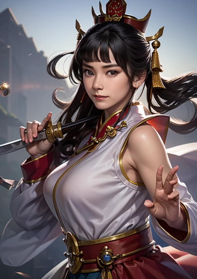 Best Quality, Masterpiece, Ultra High Resolution, (Realistic: 1.4), Xiuxian, Weapon, Detail Face,
1 girl, golden and white clothes, bare arms, solo, (magic circle: 1.2), Xiuxian, upper body, beautiful girl, half-body, Chinese architecture, sheath, construction,