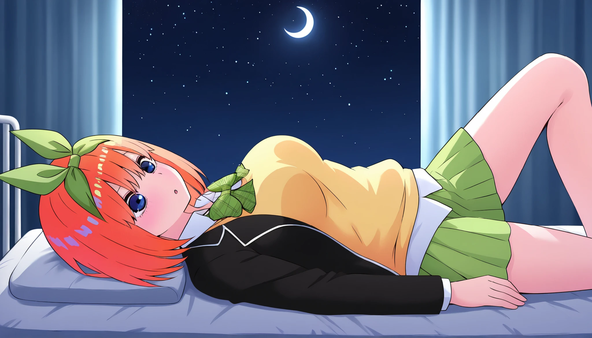 1girl,unwellness sickness nakano yotsuba, large breasts, orange hair, blue eyes, short hair, hair between eyes green bow hairband, black blazer, open blazer, yellow sweater vest, white collared shirt, bowtie, plaid bowtie, green skirt, pleated skirt,knee up,Infirmary,bed,screen,lie down on a futon,crescent moon, star (sky), dark room, night sky,