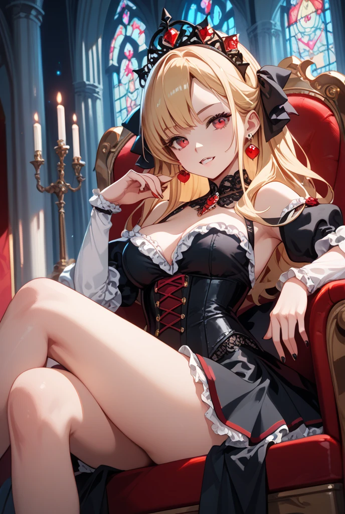 (best quality, highres: 1.2)
1 vampire, ruby red eyes, long, flowing blond hair with a hint of golden highlights, extremely detailed with long, voluptuous locks cascading down the thighs, dark, velvety background, exquisitely rendered with a sense of eerie allure, close-up portrait showcasing the vampiric elegance, bare, well-toned shoulders, enchanting smile filled with a hint of mischief, sensual pose accentuating the seductive nature, sitting gracefully on a gothic, vampire-themed throne, red lips that seem to glisten in the low-light, sharply pointed