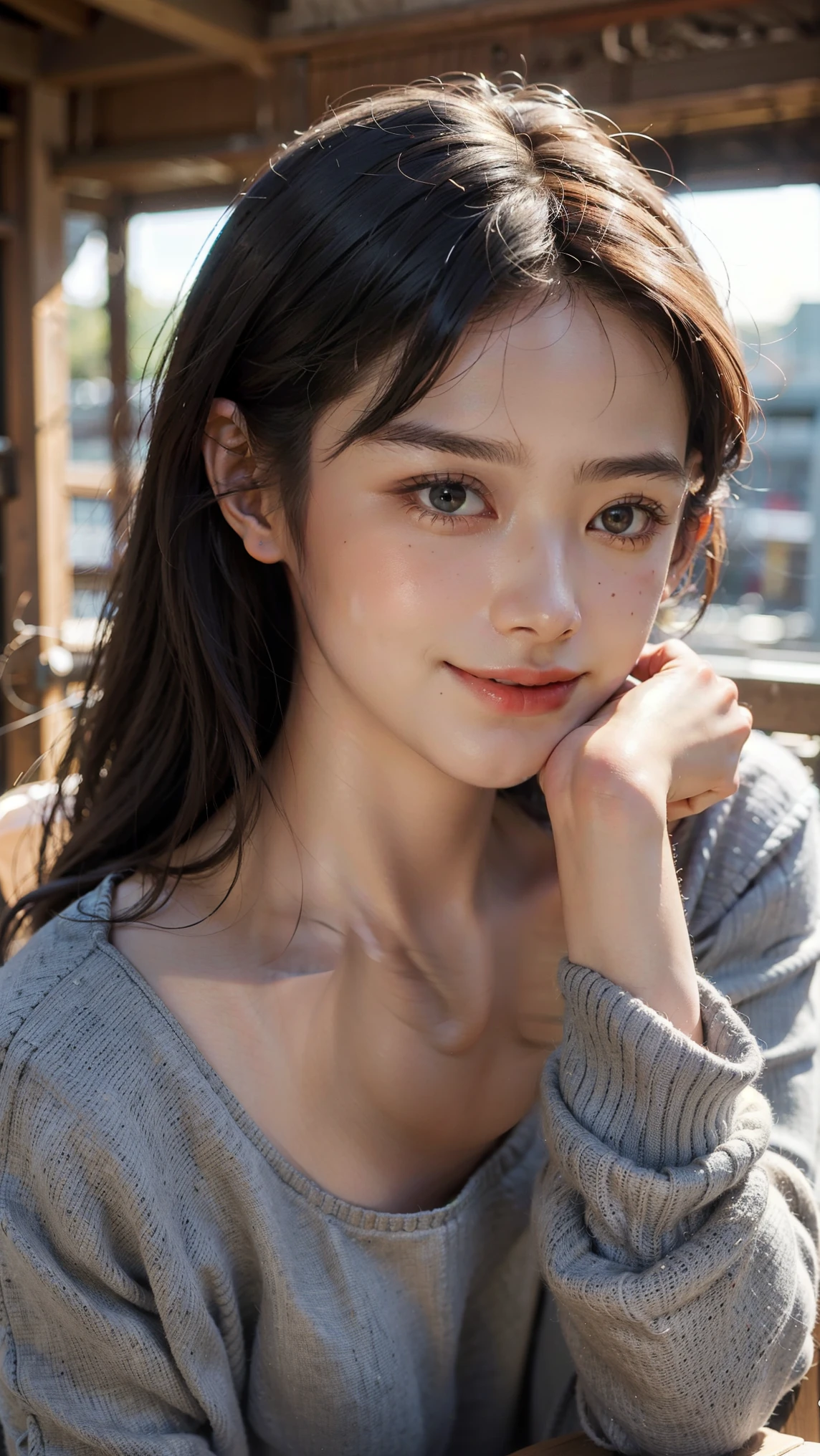 (ons that match the length of the shirt: 1.2), (Unbuttoned shirt: 1.1), The chest is visible,highest quality, masterpiece, figure, Very delicate and beautiful, Very detailed, CG, Unity, 8k wallpaper, wonderful, The finer details, Very detailedな CG Unity 8k 壁紙, Large file size, Very detailed, High resolution, Handsome detailed woman, Very detailedな目と顔, Stunning eye for detail, Face Light, (best figure: 1.1), (Best Shadow: 1.1), ultra High resolution, (Realistic: 1.1), (Realistic 1.2: 1.1), Realistic Face Proportions, slim, smile, (compensate: 0.4), (fluffy Iris: 1.21), Iris, Viewer's gaze, Dark brown hair, Bob Hair, Earrings, Cowboy Shot, (Irregular skin defects, vein, Wrinkles on the skin: pores: 1.2), (Dark Night Background: 1.2), (Bokeh: 1.4), shade, Outdoor