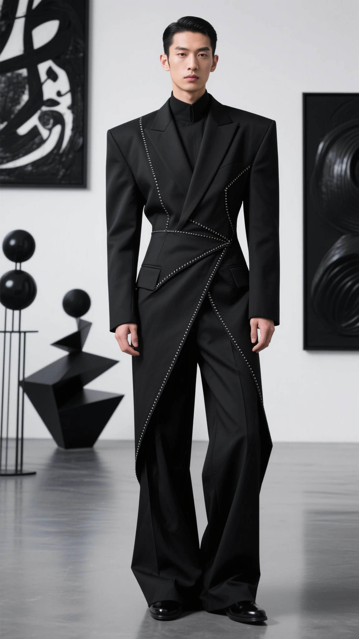A men's dress with a black cultural tailoring style,Main color is black ,using a large number of geometric shapes and clean lines,forms a three-dimensional silhouette。The dress has exquisite tailoring details,such as unique stitching and asymmetrical design。The model stands in a space full of modernity and black cultural elements,Surrounded by abstract black art paintings and modern installation art,Embodying extreme aesthetics。