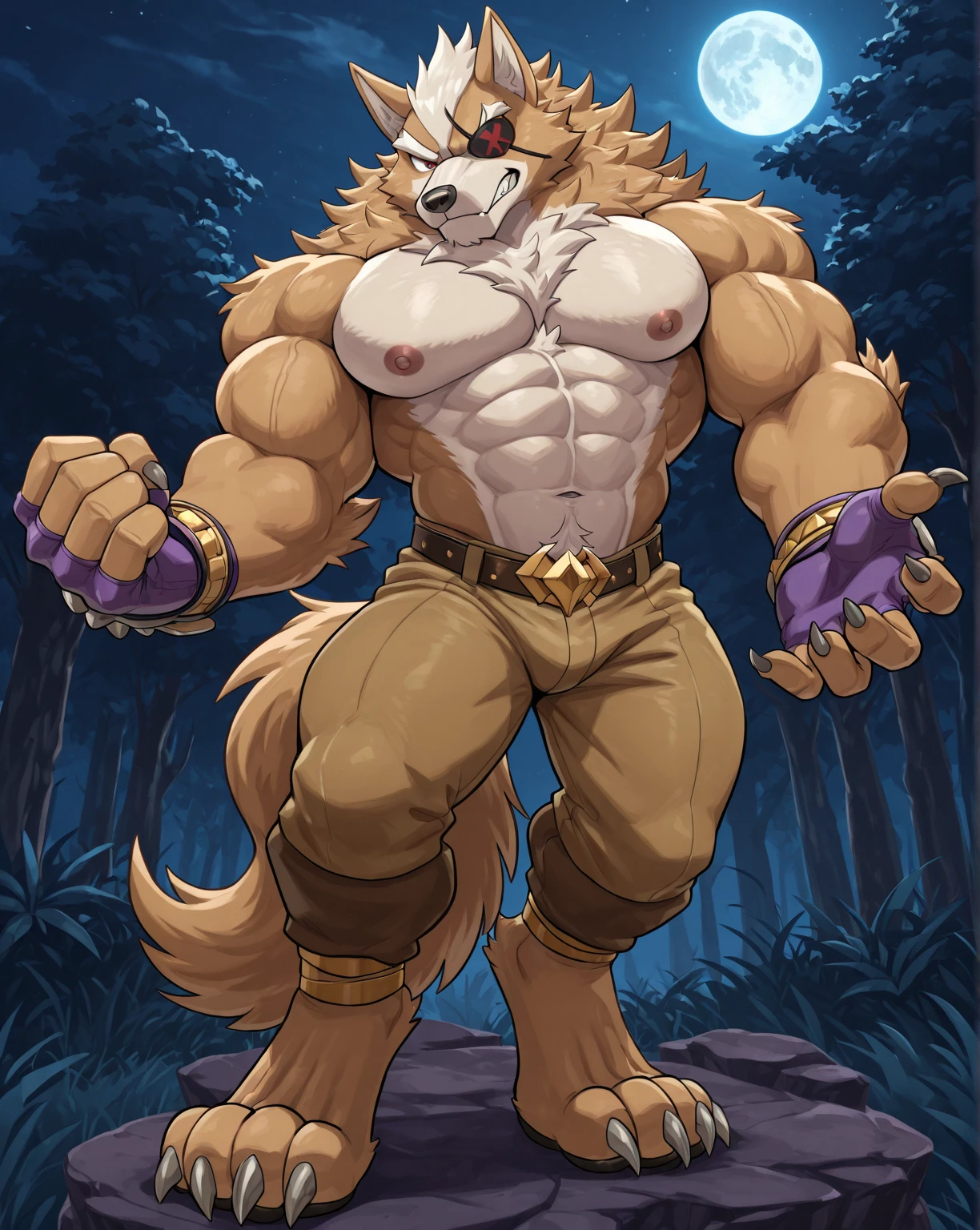 Solo, anthro, male (((wolf, werewolf, blue eyes, black pupils, muscular, huge pecs, abs, pink nipples, brown body, brown fur, blonde hair, stubble, long hair, brown beard, brown chest hair, brown pubes, facial hair, claws hands, paw pads, black claws, black nose, long ears, ear piercing, thick eyebrows, fangs, teeth, sharp teeth, attached sheath, big sheath, huge penis, canine genitalia, huge knot, huge balls, ball hair))) standing, smirking, forest, night time, full moon, perfect anatomy, full body, by darkgem, by mystikfox61, by glitter trap boy