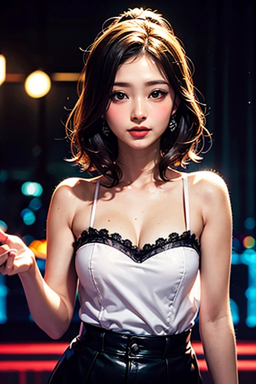 ( (((A beautiful woman))), ((a night sky)),(((detailed face))),(beautiful bob hair),huge breasts,pretty,sleeveless turtle neck, mini-skirt, white silky clothes, cute and gentle, 4k , super high resolution ,(photo-realistic: 1.7), night background,black short hair, ((SFW)), cowboy_shot, high angel shot, bokeh, SFW)