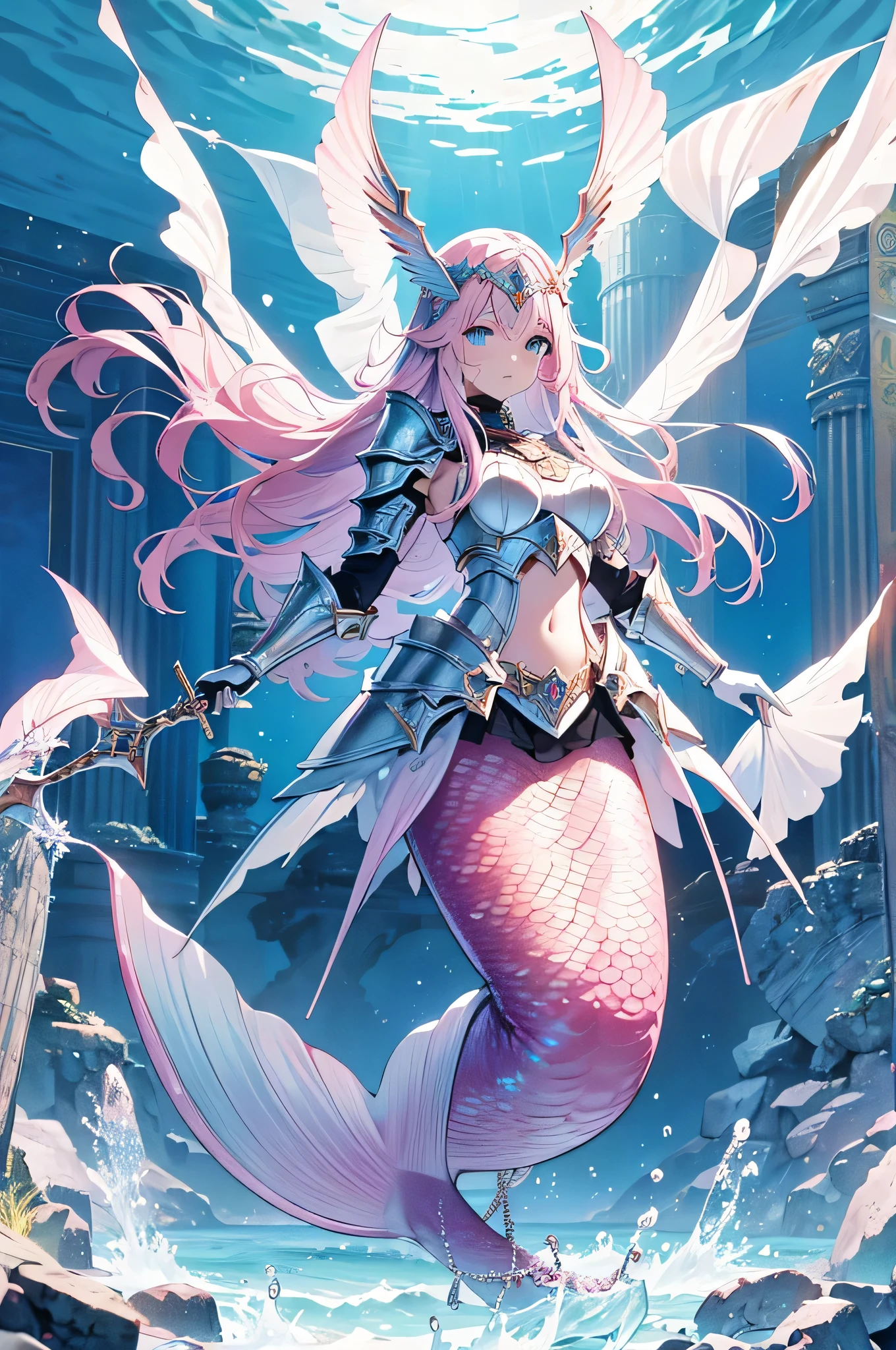 Beautiful, mermaid, pink hair, accessories, trident, beautiful multi-colored tail, Tatu ,goddess, Complex hairstyle, long hair, reference, reference sheet, fish tail, tiara, earrings, tattoo, witch, pearls, sea
