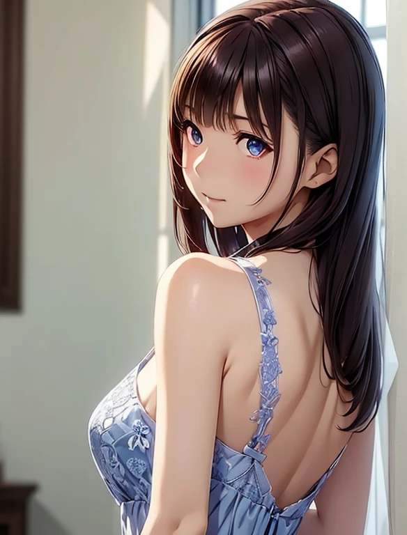 top-quality、Top image quality、masterpiece、girl with((cute little、18year old、Best Bust、Medium bust、Bust 85,Beautiful blue eyes、Breasts wide open,Ponytail with black hair、A slender、Blue hair mesh、Beautiful loungewear、White short skirt、Laugh、posterior view、lean against the wall、low angles,Opening the curtains、))hiquality、Beautiful Art、Background with((Large White Room、White lighting,White curtains are fluttering)),masutepiece、Elaborate design、visualart、depth of fields、The best lighting、highestdetailed、8k