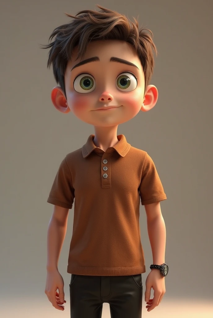 16 year old boy, clear skin, short brown hair, slightly slanted eyes. Wear an oversized shirt and cargo pants (realist) (3D)