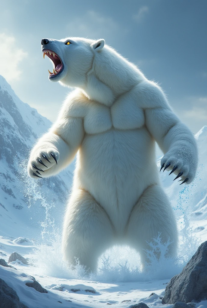 4K, masterpiece, detailded.💚((tmasterpiece)),(((best qualtiy))),(CharacterDesignSheet,Same role,frontage,Lateral face,on back),concept-art,concept art of character,Character sketches,reference sheet,Role table,💚 A frontal image of the moment of a polar bear attack on Expectador . The polar bear attacks the spectator with his binges, the bear is furious . Animal rage rage . He wears a very torn and torn leather blanket as primitive clothing.. He attacks , dynamic angle. Full body photography Full body photography. Different angles and camera positions throughout.