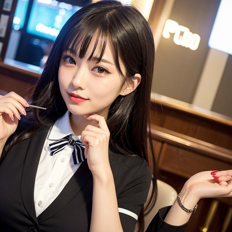 (Best-quality, Masterpiece, Ultra-High-Resolution, (Photorealistic:1.4), Raw Photo, depth of field, professional lighting, perfect anatomy, extremely details), 1girl, 15-years-old, the most famous Japanese idol, ((extremely cute face like the most popular Japanese idol, ((extremely cute and extremely big eyes)), extremely beautiful hair, extremely beautiful skins), extremely cute long-eyelashes, extremely cute lips),
(standing on Japanese bar),
((wearing black-formal-business-suit)),
ingesting copious amounts of illegal-drugs