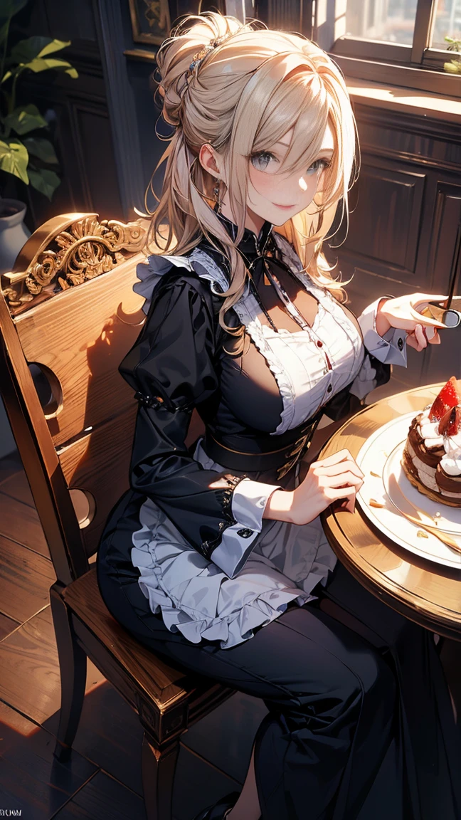 (Highest quality, masterpiece), (Ultra-high resolution, 8k RAW photos, Photorealistic:1.5, Fabric Shading, Thin contours, Clear focus:1.2), Beautiful mature woman making tea_Garden party, Standing by the round table, (Meisen tea set, you can, Tea cup, Some cakes on a plate), Delicate and elegant baroque style white table with gold accents and royal ornaments_green, Light wear_茶色のMaid clothes, Cleavage, Maid clothes:1.2, Long Flared Skirt, apron, Bow tie on chest, Tall Sally, Long legs, Gray Hair, (Wearing thin glasses:1.2), (Mature Woman:1.5, 28 years old, alone), (Large Breasts, Saggy breasts, big , Tight waist), (medium short Gray Hair, Hair on one eye, (Updo:1.2), Side Lock, Asymmetrical Hair, Wavy Hair), (Bright Eyes, Fine grain, A face with attention to detail, perfect face shape, Bloodshot eyes), (A seductive smile, Half-close your eyes), (Looking at the audience:1.3), (Dynamic Angle, whole body, From above:1.2), ((Correct Anatomy:1.5, The right move)), (Ideal body proportions), (Outdoor:1.2, grassland), 
