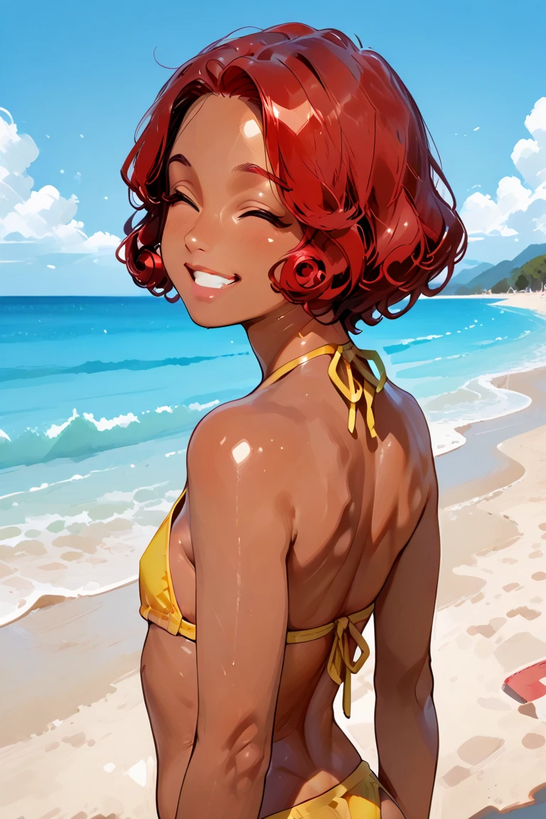 light-skinned girl with dark afro hair relaxing on the beach with headphones" --auto