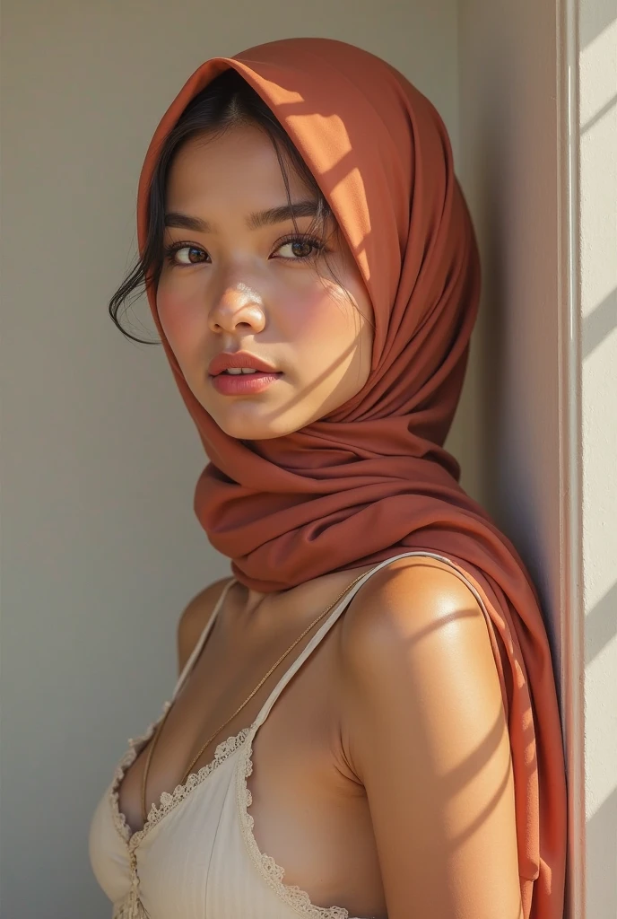 A woman with ((red and blue hijab)), Realistic, Photorealistic, 8K, Masterpiece, Best Quality, High Definition, Live Action, RAW Photo, Single Woman, Beautiful Body, Big boob, Sexy, naked, NSFW, Married Woman, no pubic  ((no exposed hair))