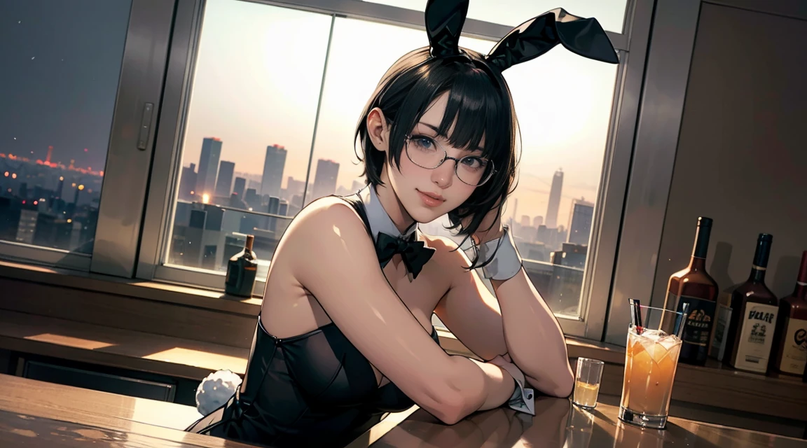1japanese lady, beautiful lady,solo,(8k, RAW photo, best quality, masterpiece:1.2),(current, Realistically:1.37),(very detailed installation :1.1),(A smile),Shooting on the retrobar,black rabbit ears,(Night view of Tokyo from large windows),wrist cuffs,bar counter,bunny girl bartender,Anatomically correct,pixie cut,black rimmed eye glass,(looking at viewer),Moody Lighting,dramatick angle,upper body,Drinks at the bar counter