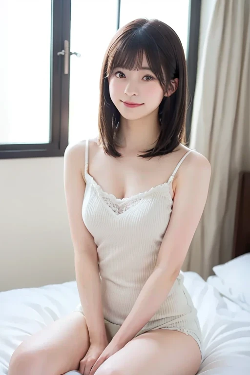top-quality、Face Focus、softlight、(depth of fields)、超A high resolution、(Photorealsitic:1.4)、RAW Photography、(portlate:1.4)、(from the front side) 1 Japan girls、独奏、cute little、(full of shyness、a smile: 1.1)、(brown-eyed)、detailed beautiful faces、(short_hair)、Bedrooms、Sit up、(formal outfit:1.2)