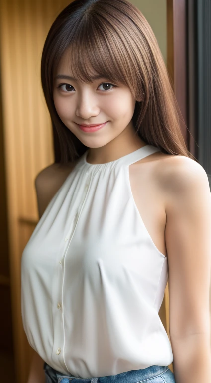 1womanl, smile,full shot,
mideum breasts, light brown hair, Blunt bangs, hair behind ear, hair over shoulder, Long hair, slender body shape, Ultra Fine Face, Thin face, Delicate lips, Beautiful eyes, thin blush, eyes are light brown, perfect glossy skin, flawless skin, Glistening sweat,View here, Ultra-thin hands, Ultra-fine fingers, best ratio four finger and one thumb, (realisitic:1.3), See-through white blouse. An amusement park, One-person viewpoint, Fuji Film, F/1.2, 8K, masutepiece, nffsw, Super Detail, High quality, Best Quality, hight resolution