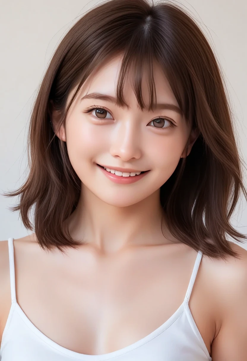incredibly absurd, beautiful and cute 20-year-old Korean girl with a photorealistic face, showcasing top-quality craftsmanship. Her slender frame adorned with short, messy hair. The artwork high-resolution, allowing for ultra-detailed features to be captured flawlessly. The focus lies on the realistic pupils, showcasing depth and emotion. ((breasts out)) cute smile.