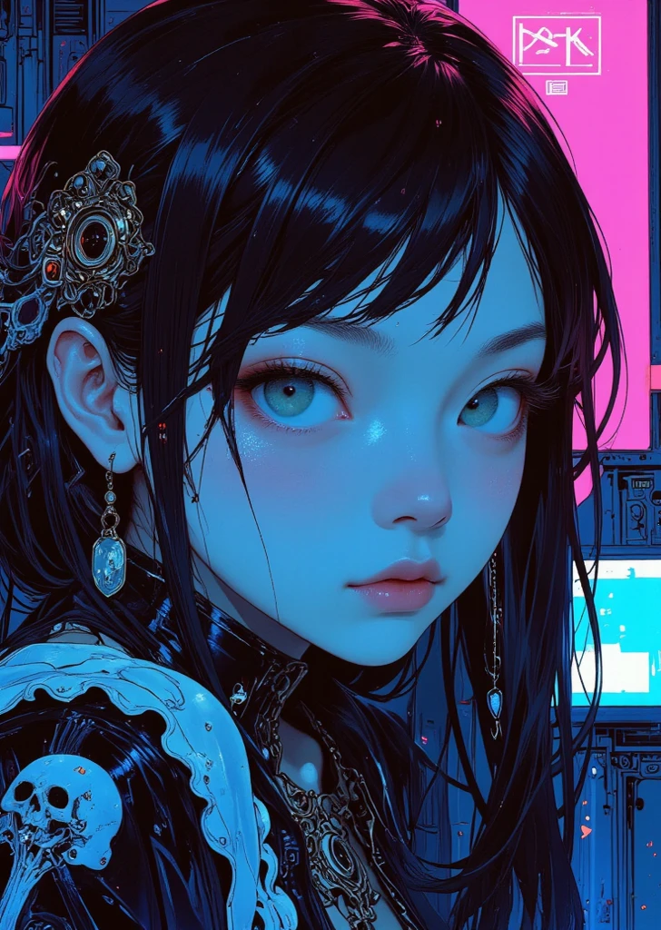 Cyberpunk female, fantasy world, dark background, clean design, epic instagram, artstation, colorful paint splatter, silhouette, hyper detailed intricate details, unreal engine, fantasy, intricate details, splash screen, complementary colors, Fantasy concept art, 8k resolution, deviantart masterpiece, oil painting, heavy strokes, paint dripping, (isolated on white background: 1.3), rainbow skin, (((beautiful young girl))), ((teenage:1.5) ), (glowing blue eyes), ((light eyes)), ((black clothes)), (prince\\(indifferent expression\\),, ( ((Wears high detail luxurious black robe))), white hair, (chest) --v 6