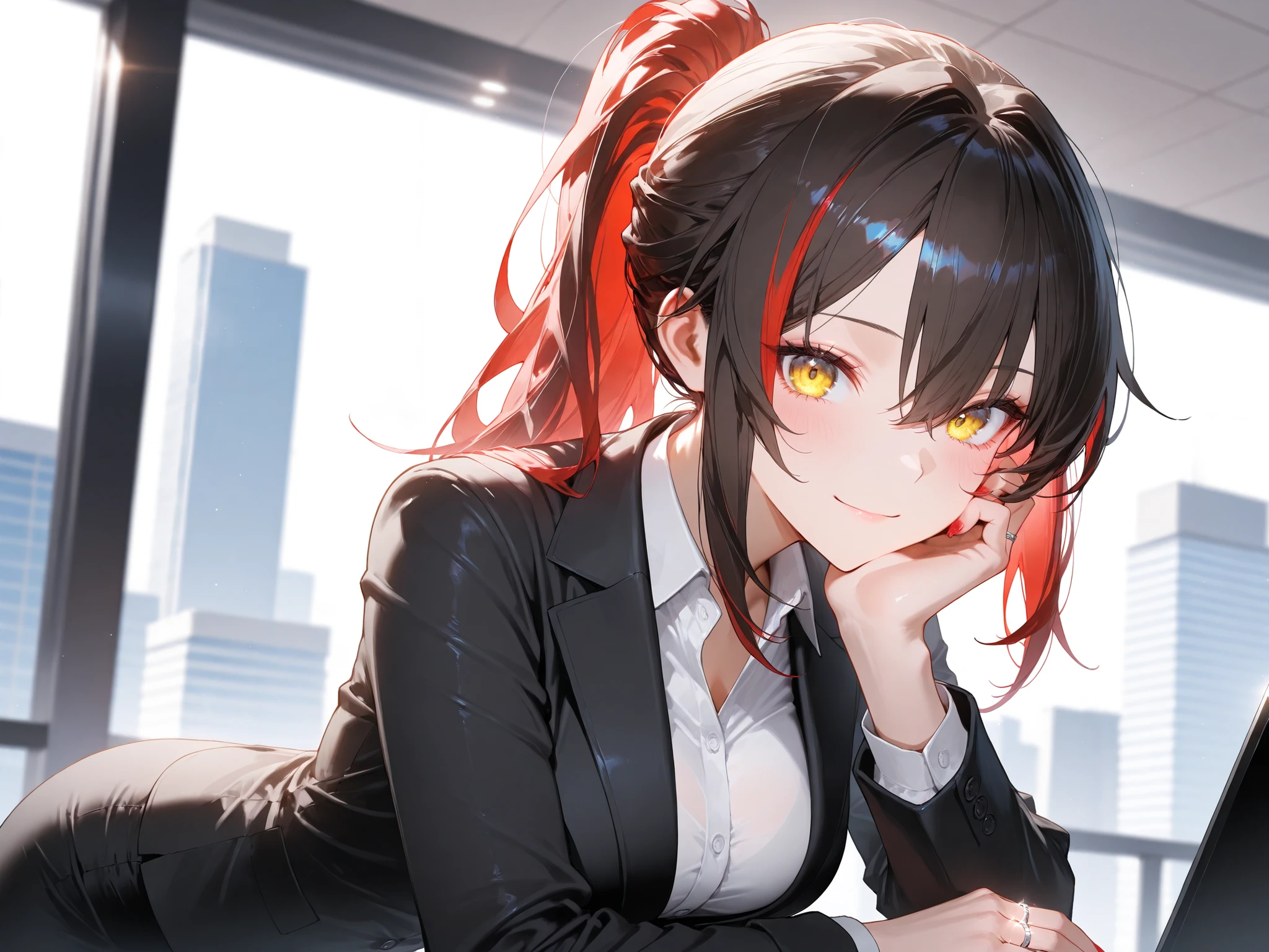 masterpiece,best quality,amazing quality,ultra-detailed,very aesthetic,sharp focus,depth of field,vibrant colors,ray tracing,best lighting,detailed illustration,detailed background,cinematic,beautiful face,(EyesHD:1.2),beautiful eyes,solo_female,black and red two tone hair,ponytail hair style,yellow eyes,office lady clothes,white button-up shirt,black coat,black office skirt,wedding ring on finger,office building background,soft smile,one hand resting on her cheek,