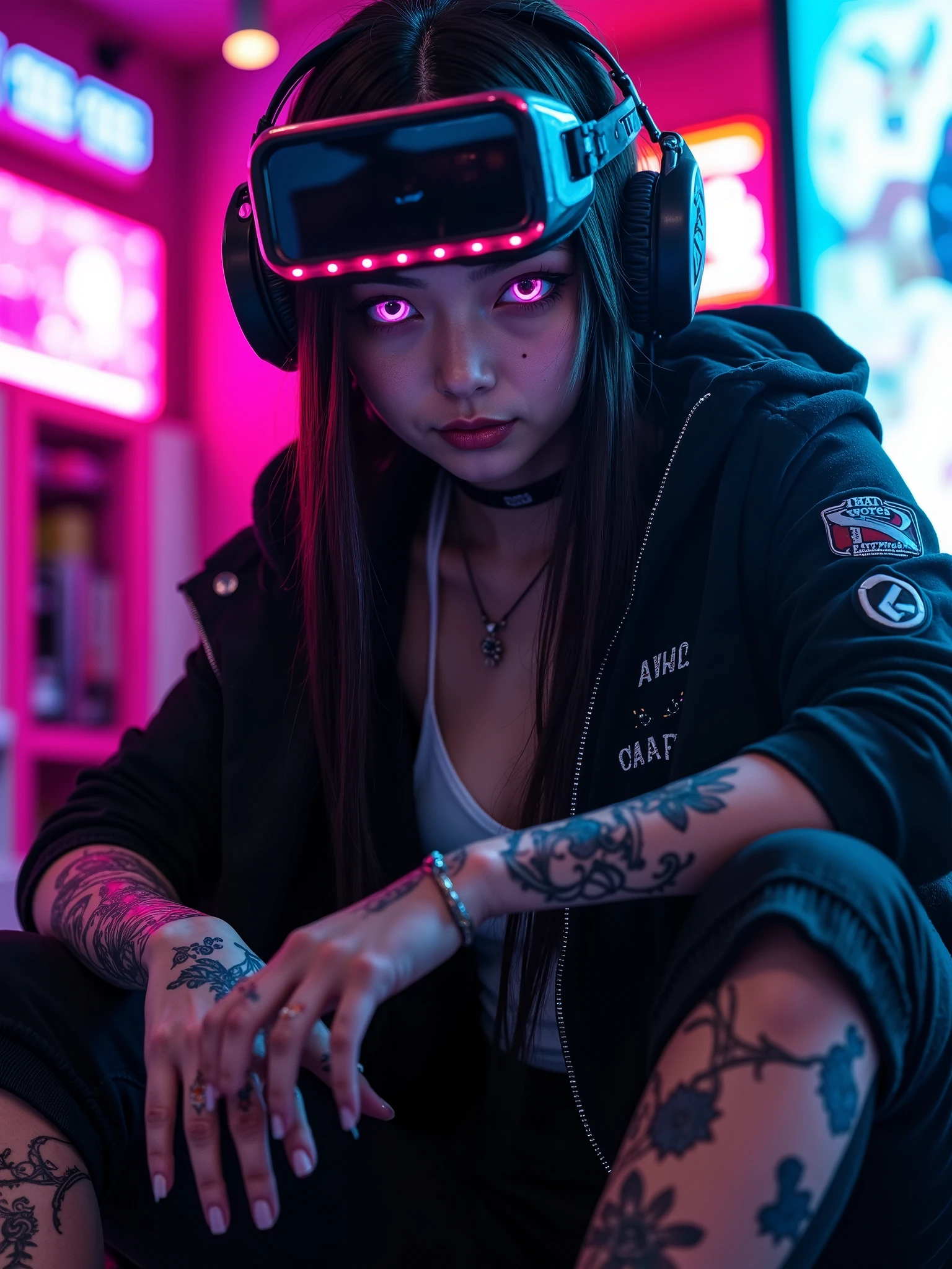 japonesa ,with bright eyes ,sorrindo ,old and torn clothes , trapo ,intricate tattoo , headphone , cyborg arms , dynamic sitting pose, black jacket with neon, cyberpunk background,, square night vision goggles