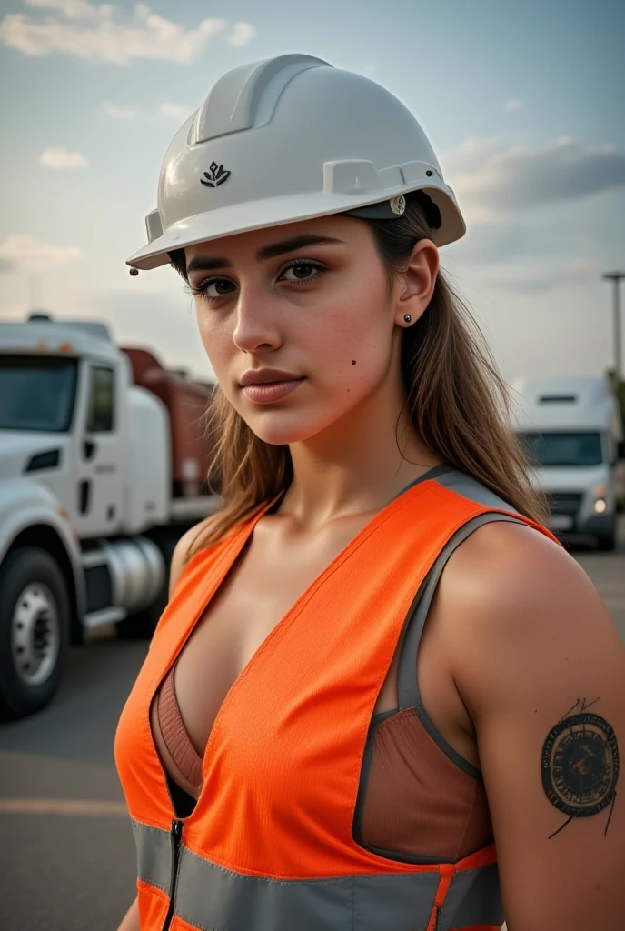 Beautiful sexy girl in tight uniform and safety helmet working on a construction site, bent over hammering nails