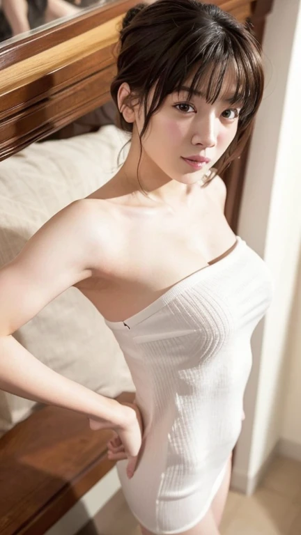 (Highest quality), (masterpiece), A Yoshioka Riho is lying on her back on a bed with her knees raised to her chest, legs wide open and her vagith a penis inseinto ig the viewer., whole body, Her crotch is in the center of the screen., Eyes that are evenly shaped, Big eyes, Droopy eyes, A dreamy look, very very short hair, Almost flat breasts, she does shy she is blushing, She has a full head of pubic hair, Beautiful vagina, I am having sex with ht creampied, She is ping with her moutA simple background with just a sheet,