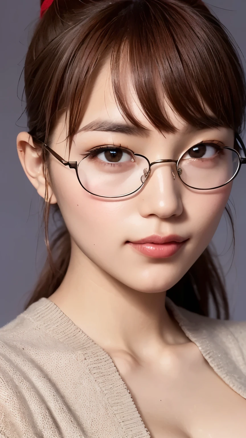 (1 Girl)、(Beautiful Japanese、24years old,round face、Refreshing、clear、seems kind、stylish、Pitiful、cute like an angel、cute、black eyes、,actress,Almond-shaped eyes,Translucent white skin、Beautiful skin), Good style , (Beautiful big breasts:1.2),(soft breasts),(very cute),{(Broun hair),(updo),(Bangs is deep side part),(tendrils)},(enchanting eyes),(highlight on eyes:1.2)、(Silver-rimmed glasses),(glasses),(8K、Live shooting、highest quality、masterpiece:1.2、optimal lighting)、((masterpiece)),(Photo taken by a professional photographer),(real、photo real:1.4),break,{ (Sexy Dress)},(cleavage:1.2)},( A shy smile),(tears:1.3),(cheeks are red:1.2), break, break,Old hospital,Face shot:1.3、looking at viewer, face close-up,Looking up、sitting、Feeling embarrassed、Tears flowing,tearful,(closed eyes)、Embarrassed face