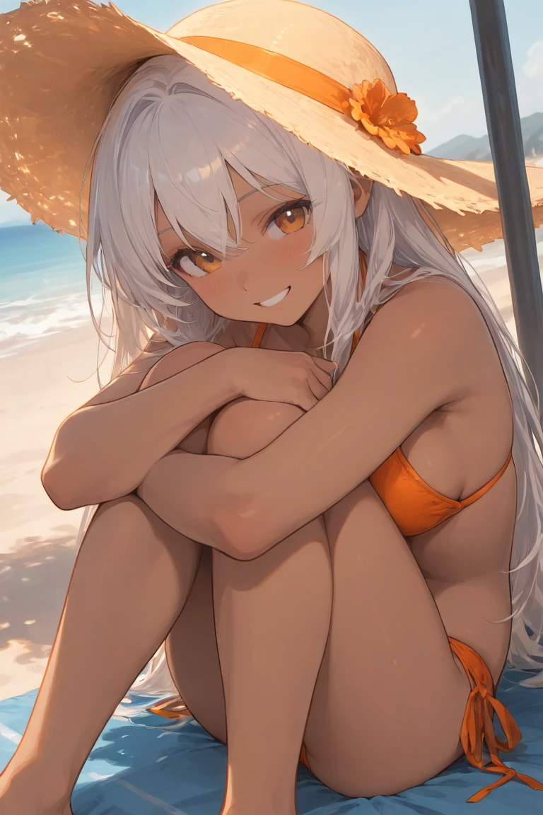 ((best quality)), ((masterpiece)), (detailed), 1girl, girl at beach, swimsuit bikini, yellow bikini, white hair, side light sunshine, soft light, ocean in background, icecream in hand, soft blush, yellow eyes, perfect body, laying on beach towel on sand, looking away, medium breasts, pale skin, sun hat, short hair, small fangs, sexually suggestive pose, shy expression, meek expression, embarrassed expression, water on skin, water droplets on skin
